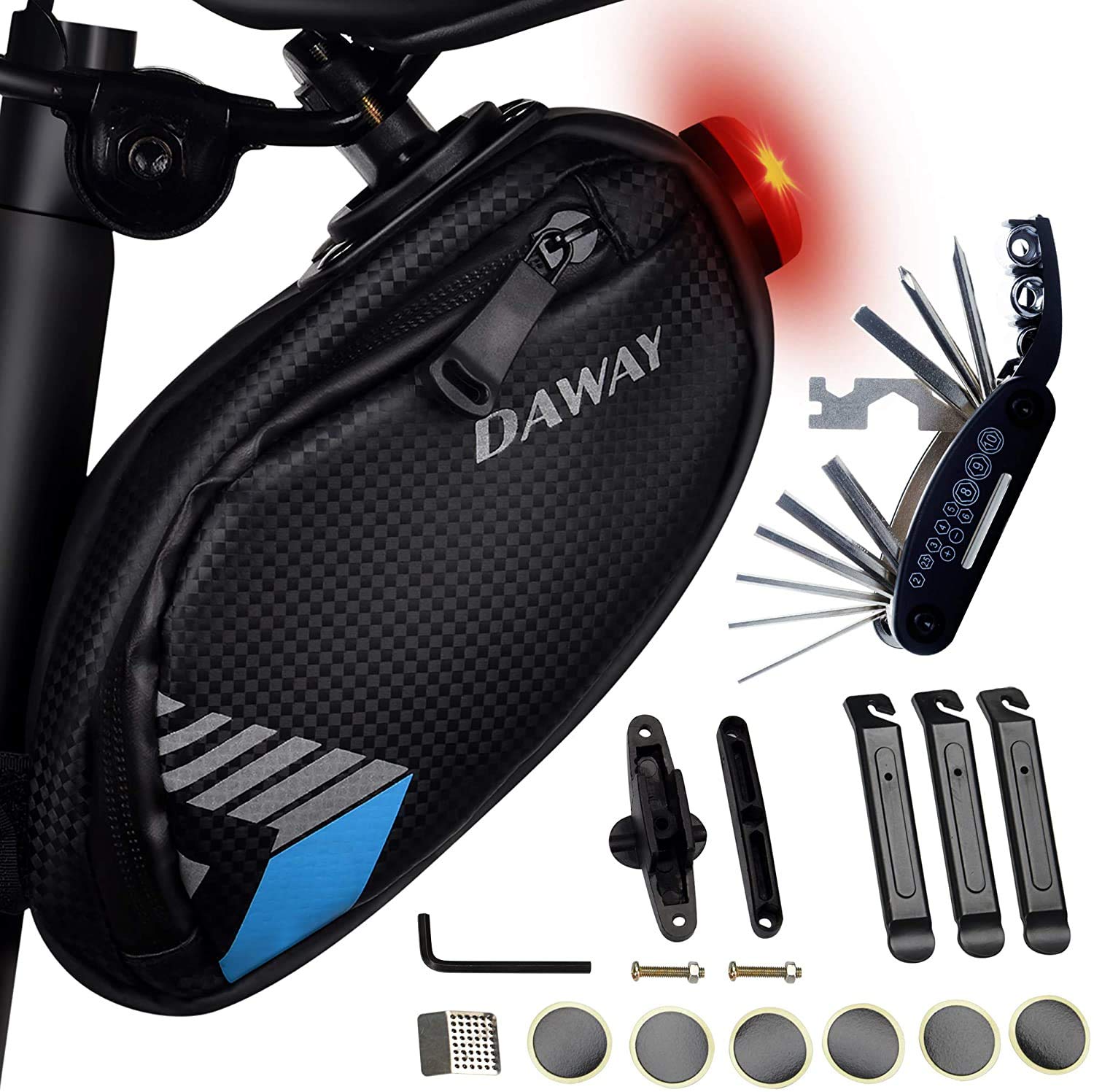 Bike Repair Kit with Taillight - DAWAY A36 Waterproof Bicycle Saddle Bag, 16 in 1 Multi Tool, Glueless Tyre Tube Patches, Tire Levers Included, Practical Cycling Under Seat Pack Set