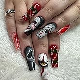 Halloween Press on Nails Full Cover False Nails Long Coffin Acrylic Nails with Ghost & Terror Eyes Designs Glossy Red Black Halloween Stick on Nails for Women DIY Manicuare 24 Pcs