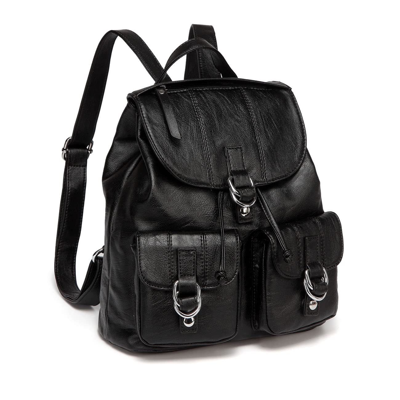 Mini Backpack for Women, Vaschy PU Leather Backpack Purse Fashion Ladies Rucksack Drawstring Backpack School Bag for Teen Girls (Mini-Black)(Size: One Size)