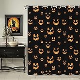 Caheansi Halloween Shower Curtain, Black and Orange Funny Spooky Pumpkin Face Halloween Bathroom Curtain Waterproof Fabric Machine Washable with Hooks, 72