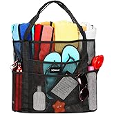 TONAK Mesh Beach Toy Tote Grocery Storage Net Bag Oversized Big XL with Pockets Foldable Lightweight for Family Pool