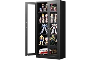 PEUKC Display Cabinet with Glass Doors, 71 Inches Metal Display Case with 4 Adjustable Shelves, Curio Storage Cabinet with Lock for Home, Office, Book, Pantry, Assemble Required (Black)