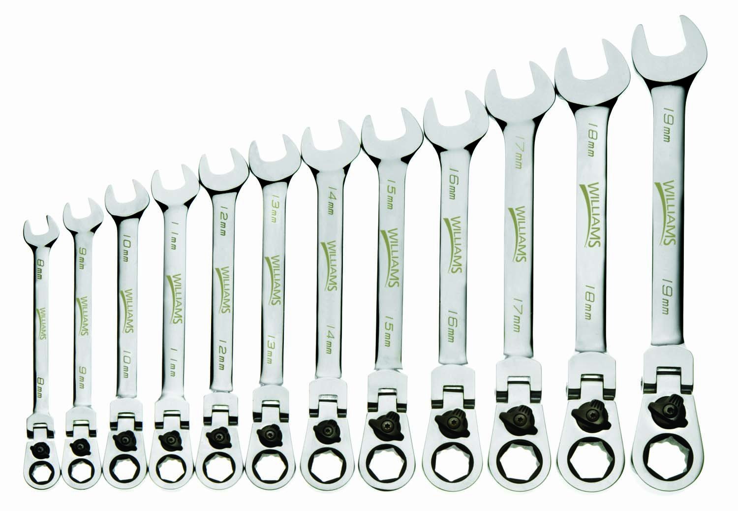 Williams MWS-12RCF 12-Piece Metric Reversible Flex Head Ratcheting Combination Wrench Set