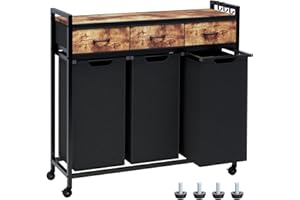 Timberer Laundry Hamper, Laundry Sorter 3 Section, Rolling Laundry Basket with Wheels, 3 Drawers, 3 × 14.5 Gal (55 L), Pull-Out and Removable Oxford Fabric Bags, Black and Rustic Brown