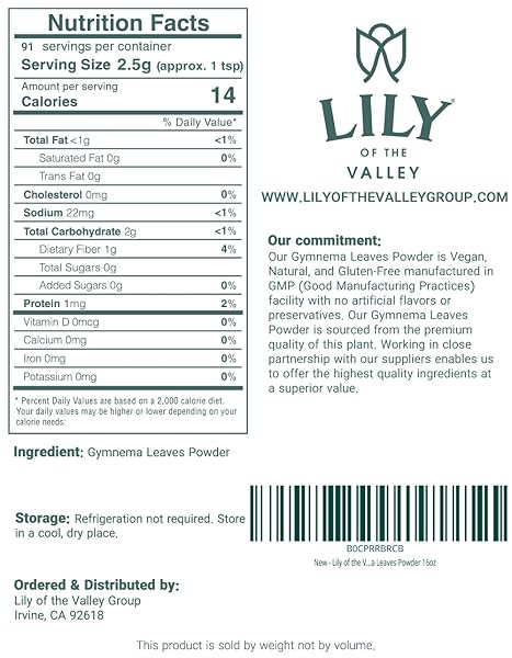 LILY OF THE VALLEY GYMNEMA SYLVESTRE LEAF POWDER – HERBAL GURMAR POWDER – VEGAN & GLUTEN – FREE – PACKED IN RESEALABLE POUCH (16OZ, 453G)