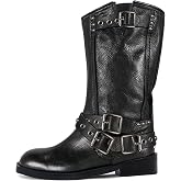 Agodor Women's Mid Calf Boots Chunky Low Heel Riding Buckle Moto Boot for Women，Squared Toe Motorcycle Boots Slip On，Riding Biker Booties