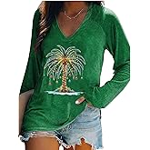 Christmas Palm Tree Shirt for Women Hawaiian Beach Tropical Christmas Palm Tree Shirts Xmas Holiday Long Sleeve Tshirt