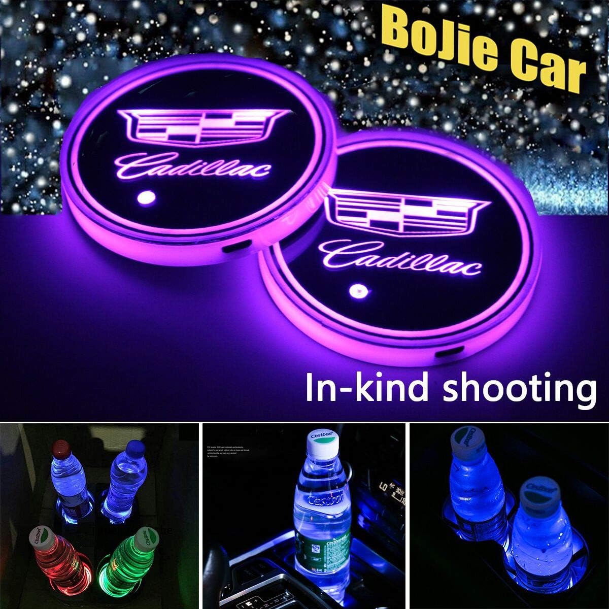 BoJie Car 2pcs LED Cadillac Logo Cup Holder Lights for Cadillac, 7 Colors Changing USB Charging Mat Luminescent Cup Pad, LED Interior Atmosphere Lamp Decoration Light. (Cadillac)