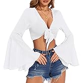 V Neck Bell Sleeve Tops for Women Tie Front Long Sleeve Blouse Sheer Mesh Crop Rave Top