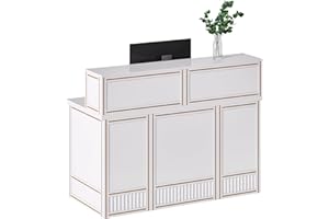 LITTLE TREE 57-Inch Reception Desk with Counter, Boho Style Front Desk, Modern Checkout Counter, Receptionist Desk for Retail, Lobby, Salon, Office, White