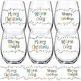 Umigy Set of 6 Winter Stemless Wine Glasses, 12 oz Winter Wine Glassware Funny Holiday Glass Drinkware Mug Cup for Holiday Festive Gatherings(Cute Style)