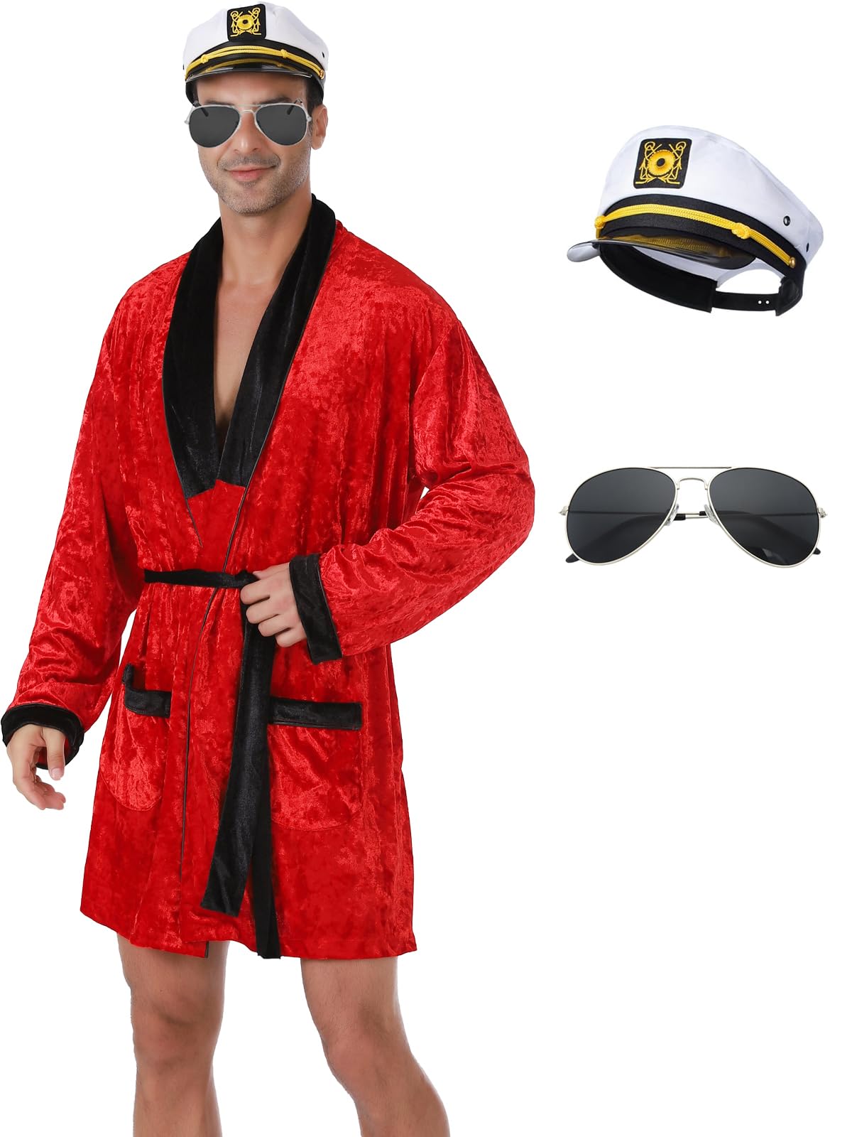 Photo 1 of Halloween Men's Red Velvet Robe Smoking Jacket, Adult Halloween Costumes with Belt Captain Hat Halloween Outfits Dress Up for Cosplay Party(Men,M-L,Red)