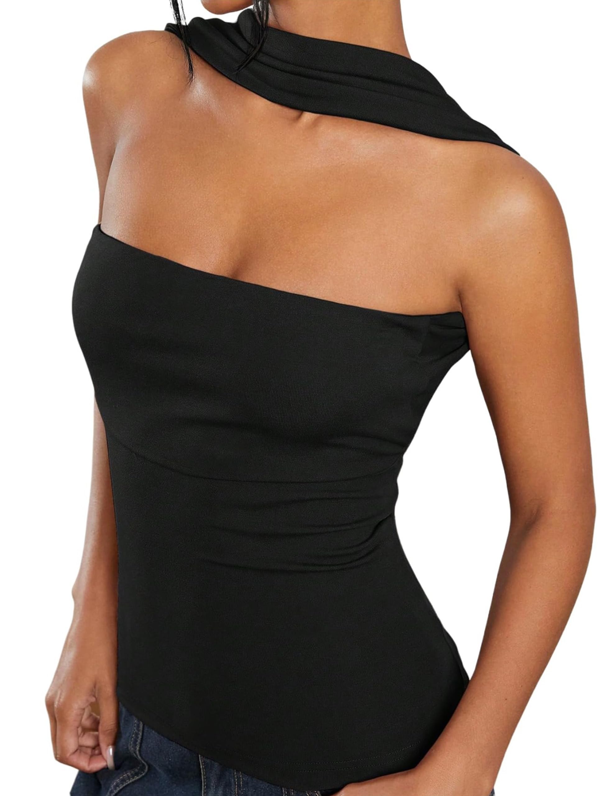 Photo 1 of ACCPUR Ruched Strapless Halter Tube Top for Women Sexy Open Back Slim Fit Bandeau Shirt Sleeveless Off Shoulder Tank Clubwear Black