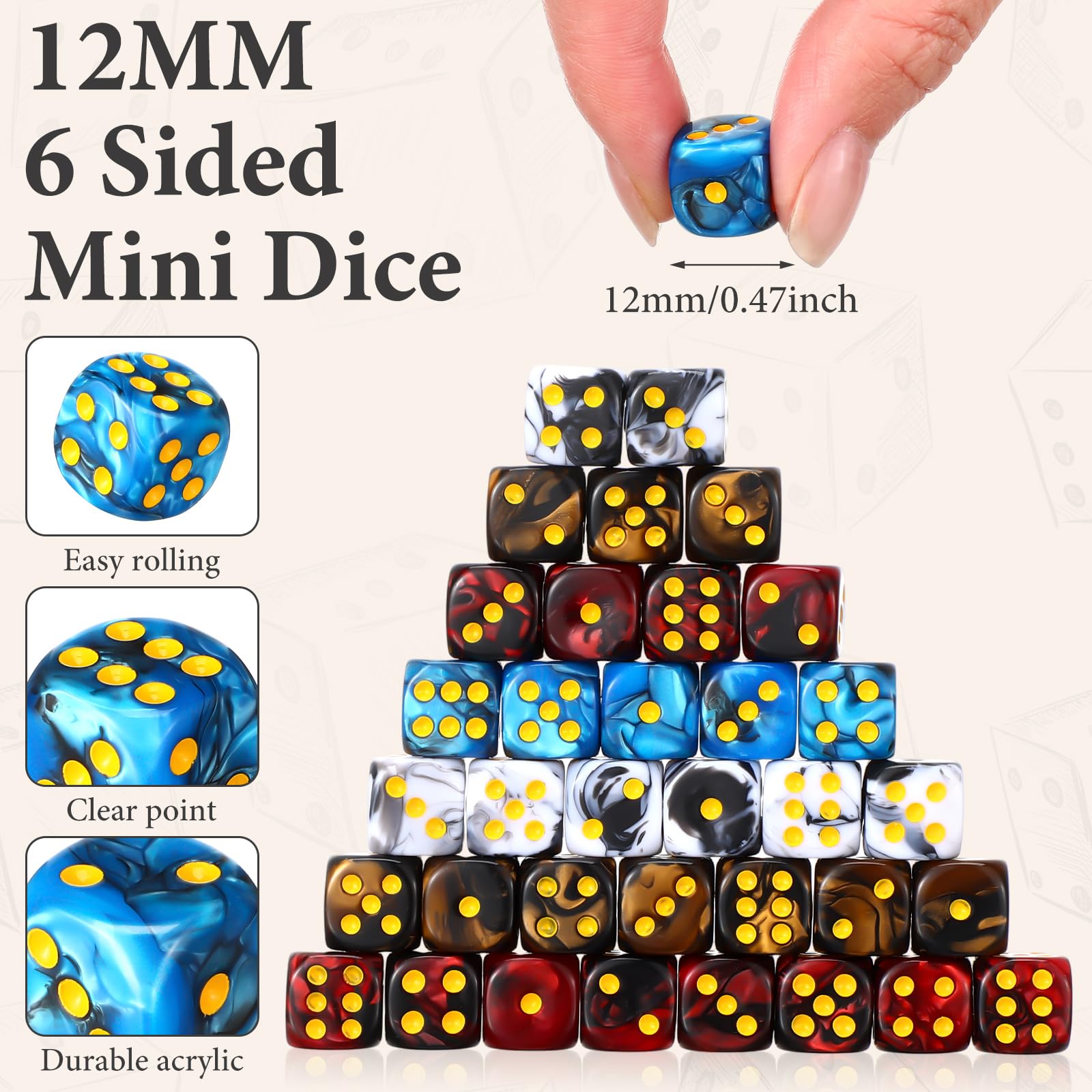 Foilswirl 144 Pieces 12mm 6 Sided Mini Dice Set for School Classroom Table Games D6 Game Standard Dice with Portable Plastic Box for Teaching Math Learning