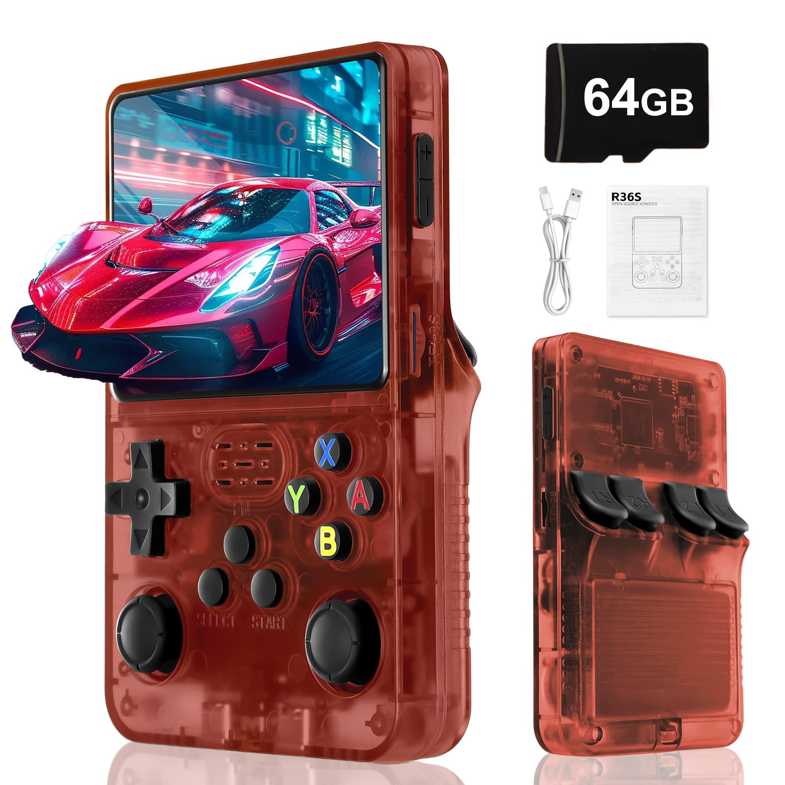 Blidinner R36S Retro Handheld Video Game Console -With Linux System,3000mAh Battery,3.5 Inch Screen,64G TF Card,20000+ Classic Games,Portable Game Console for Present to Give Friends for Christmas-Red