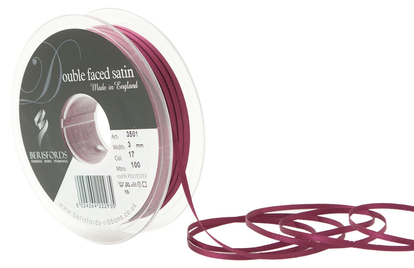 Berisfords Double FACE Poly Satin, Polyester, Wine, 10.4 x 10.4 x 1.2 cm