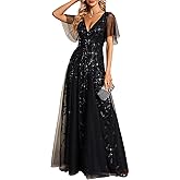 Ever-Pretty Women's Sequin Formal Dress Sparkly V-Neck Short Sleeve A-Line Floor Length Prom Evening Gown 0736
