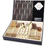 Silverware Set, HOBO 24-Piece Stainless Steel Flatware Set With Titanium Gold Plated, Golden Color Flatware Set, Silverware, 