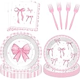 100 Pcs Pink Ribbon Bow Party Supplies Set - Serves 25, Watercolor Disposable Tableware, Includes Paper Plates, Napkins, Forks for Wedding, Bachelorette, Birthday, Girl’s Coquette-Style Themed Favors