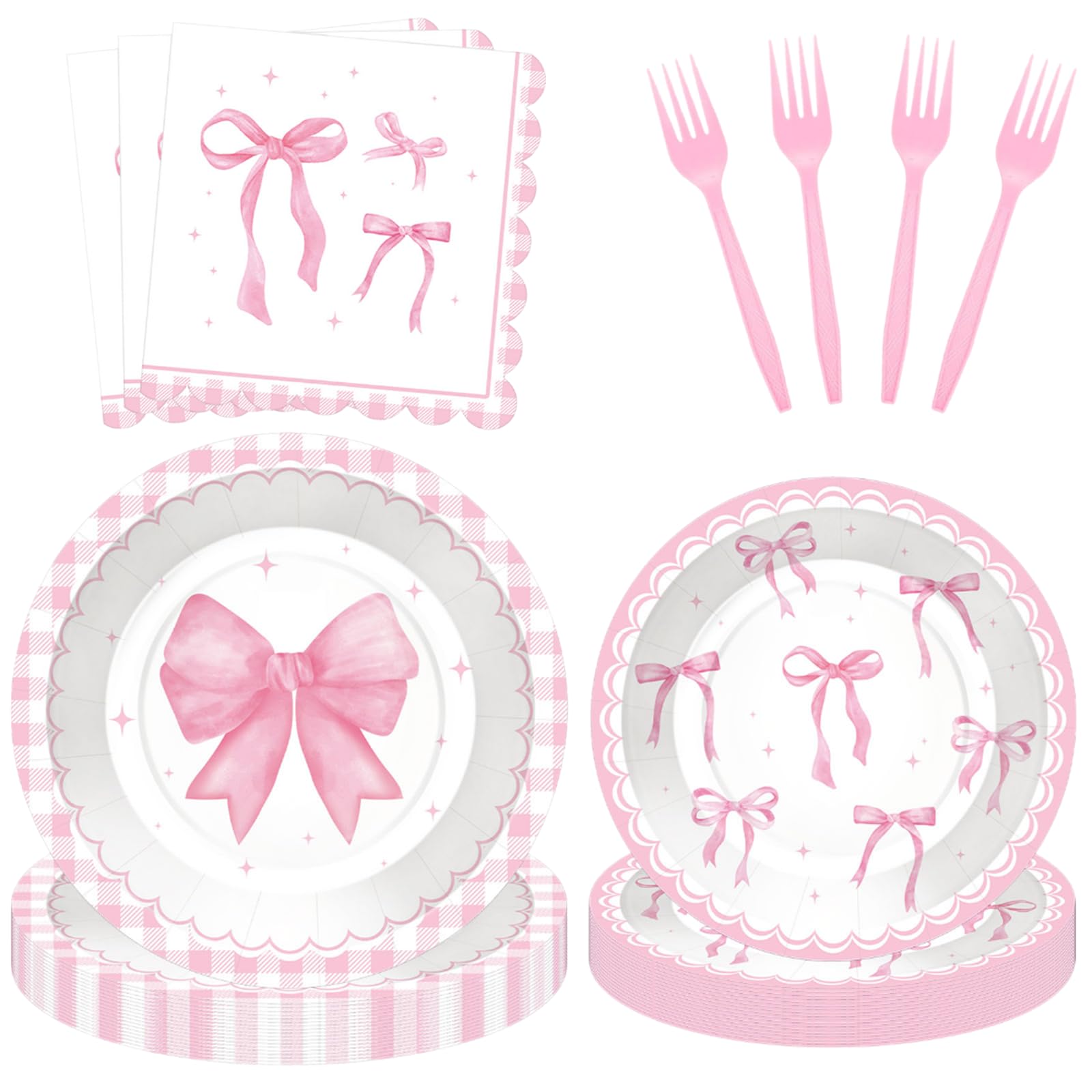 Photo 1 of 100 Pcs Pink Ribbon Bow Party Supplies Set - Serves 25, Watercolor Disposable Tableware, Includes Paper Plates, Napkins, Forks for Wedding, Bachelorette, Birthday, Girl’s Coquette-Style Themed Favors