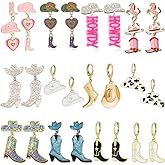 12 Pairs Beaded Cowboy Earrings for Women Pendant Rhinestone Enamel Boot Hat Drop Dangle Earrings
