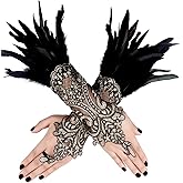UQJE 2PCS Women's Lace Feather Long Gloves Gothic Mesh Cuff Wedding Halloween Party