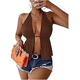 SOLY HUX Women's Open Back Tops Split Front Halter Tie Backless Sleeveless Sexy Top