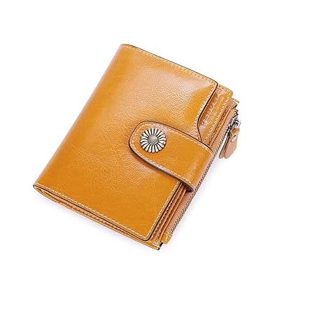 Vintage Damen Geldbörse Klein Portemonnaie Leder Frauen Geldbeutel mit Reißverschluss und RFID Schutz - Gelb