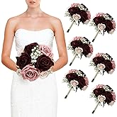 DIYDOFUN Wedding Bridesmaid Bouquets Set of 6, Artificial Silk Flowers Arrangement for Ceremony Marriage Proposal Party Anniversary Decorations - Burgundy & Dusty