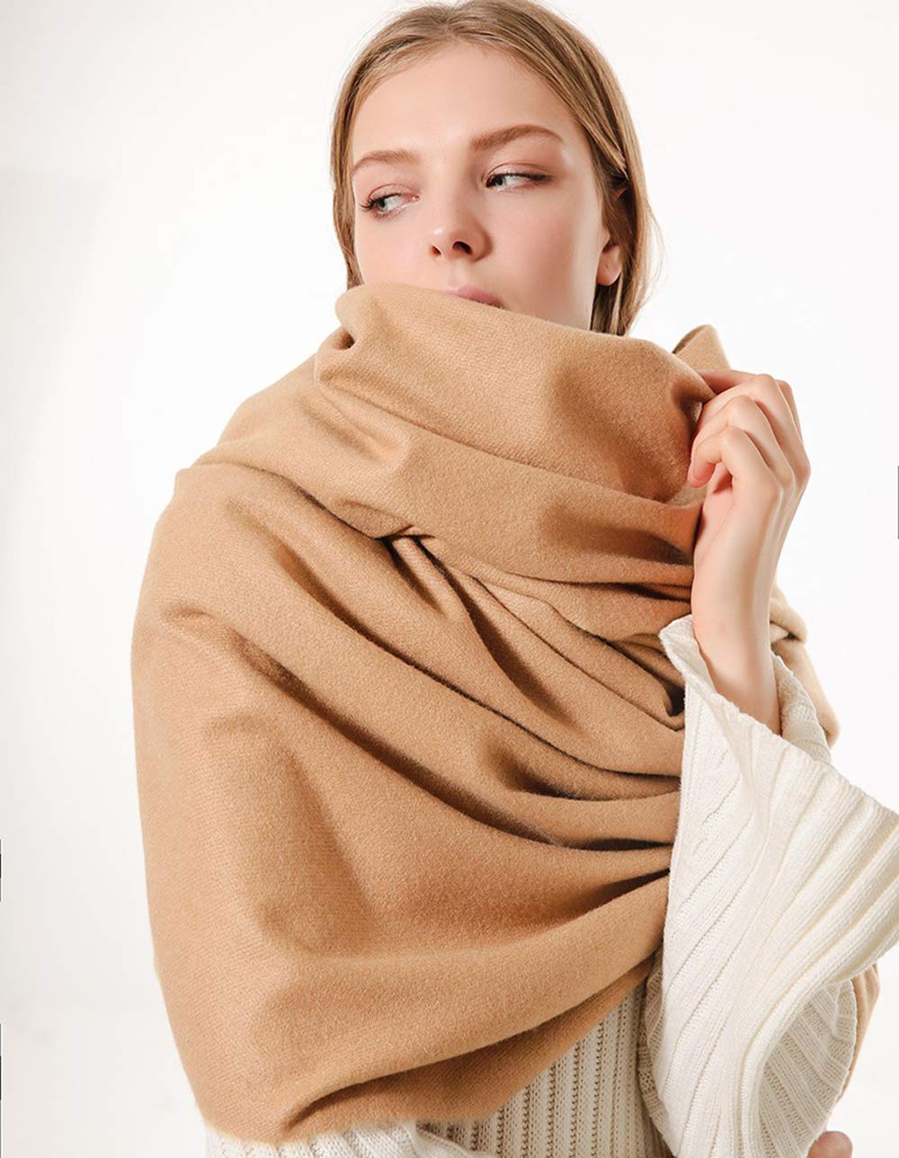 Solid Color Cashmere Scarf for Women Soft Pashmina Wraps Shawls with Fringe for Winter (Camel)