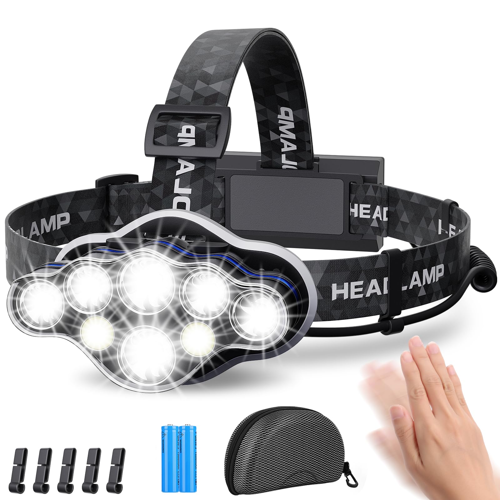 MLIAIMCE Head Torch,Rechargeable Headlamp Super Bright 18000 Lumens 8 Lighting Mode,Lightweight Waterproof Head Torch,Hands-Free Flashlight for Working,Fishing,Camping,Running