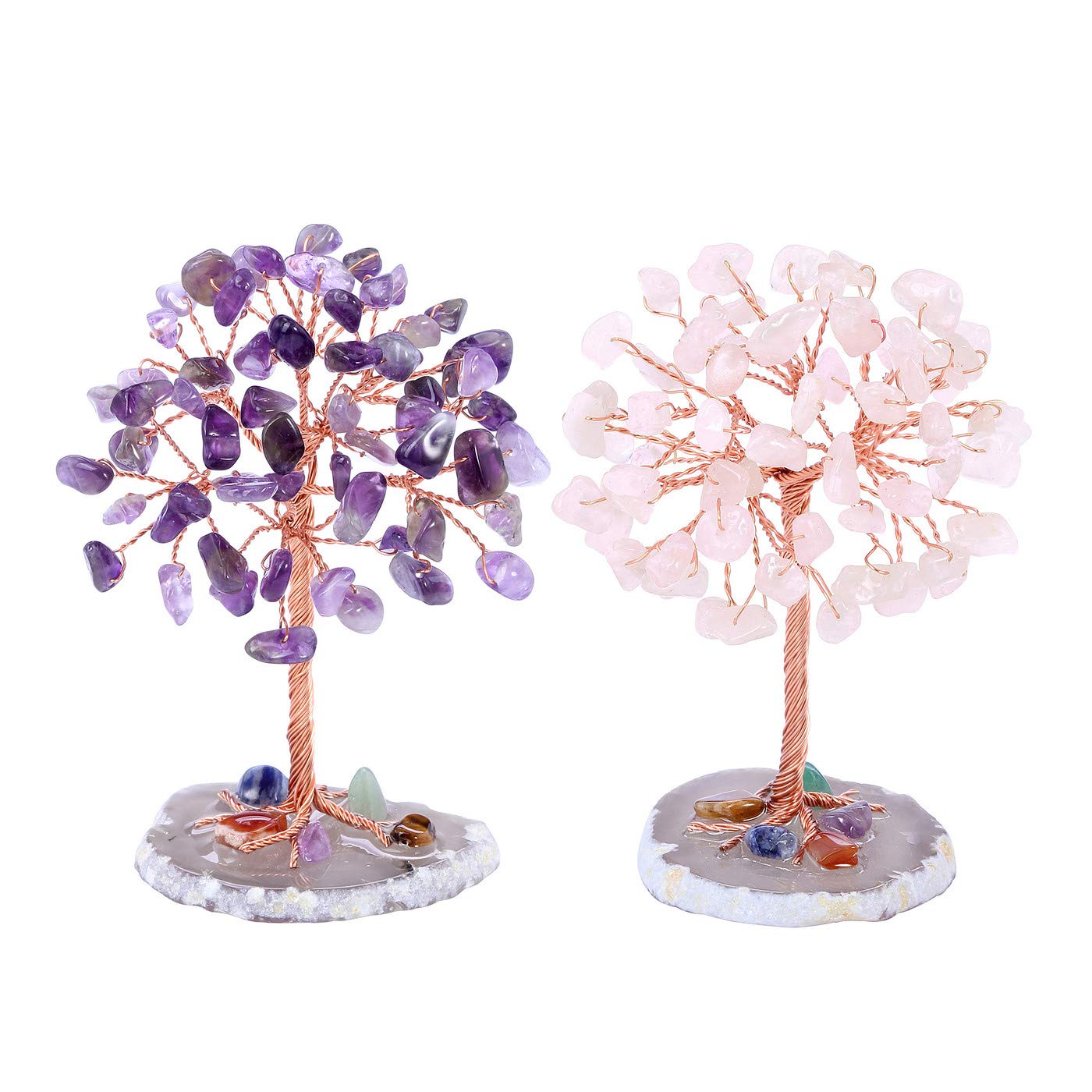 JSDDE Mini Crystal Healing Tumble Stone Life Feng Shui Gemstones Agate Money Tree Figurines Ornament (Amethyst+Rose Quartz)