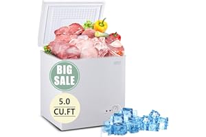 KRIB BLING Compact Chest Freezer with Removable Basket, 5.0 Cu.Ft Top Door Open Freestanding Deep Freezer with 7 Level Temperature Adjustment, Ideal for Home, Kitchen, Office, White