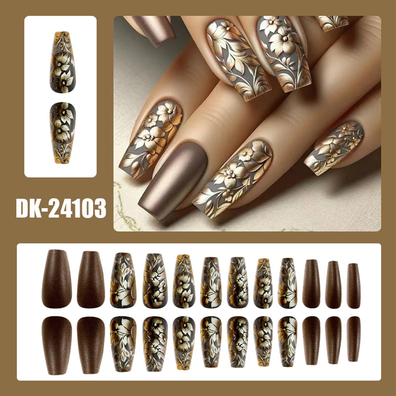 Brown Press on Nails Long Coffin Fake Nails with 3D Gold Embossed Flower Designs Floral Square False Nails Noble Flowers Glue on Nails Luxury Acrylic Artificial Stick on Nails for Women Girls 24Pcs - Image 5