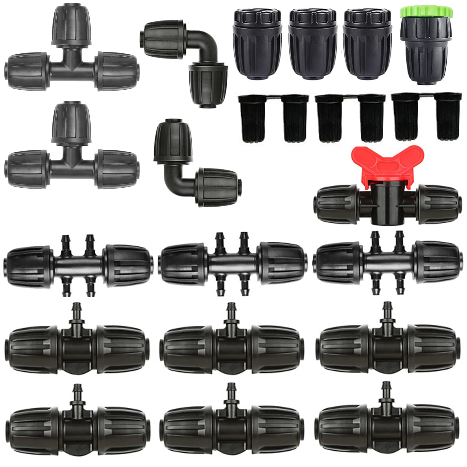 21 PCS Drip Irrigation Fittings Kit for 1/2 inch to 1/4 inch Irrigation Tube Anti-Drop Premiun Quality Fitting,Barbed Locked Nuts Connectors(Black)