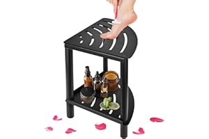 ARJIEKWEI Metal Corner Shower Stool for Shaving Legs, Small Waterproof Shower Foot Rest, 2-Tier Metal Shower Corner Bench with Storage Shelf for Bathroom(Big Size Black)
