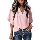 Dokotoo Womens Dressy Chiffon Blouses Summer Bell Short Sleeve Shirts V Neck Business Casual Work Tops