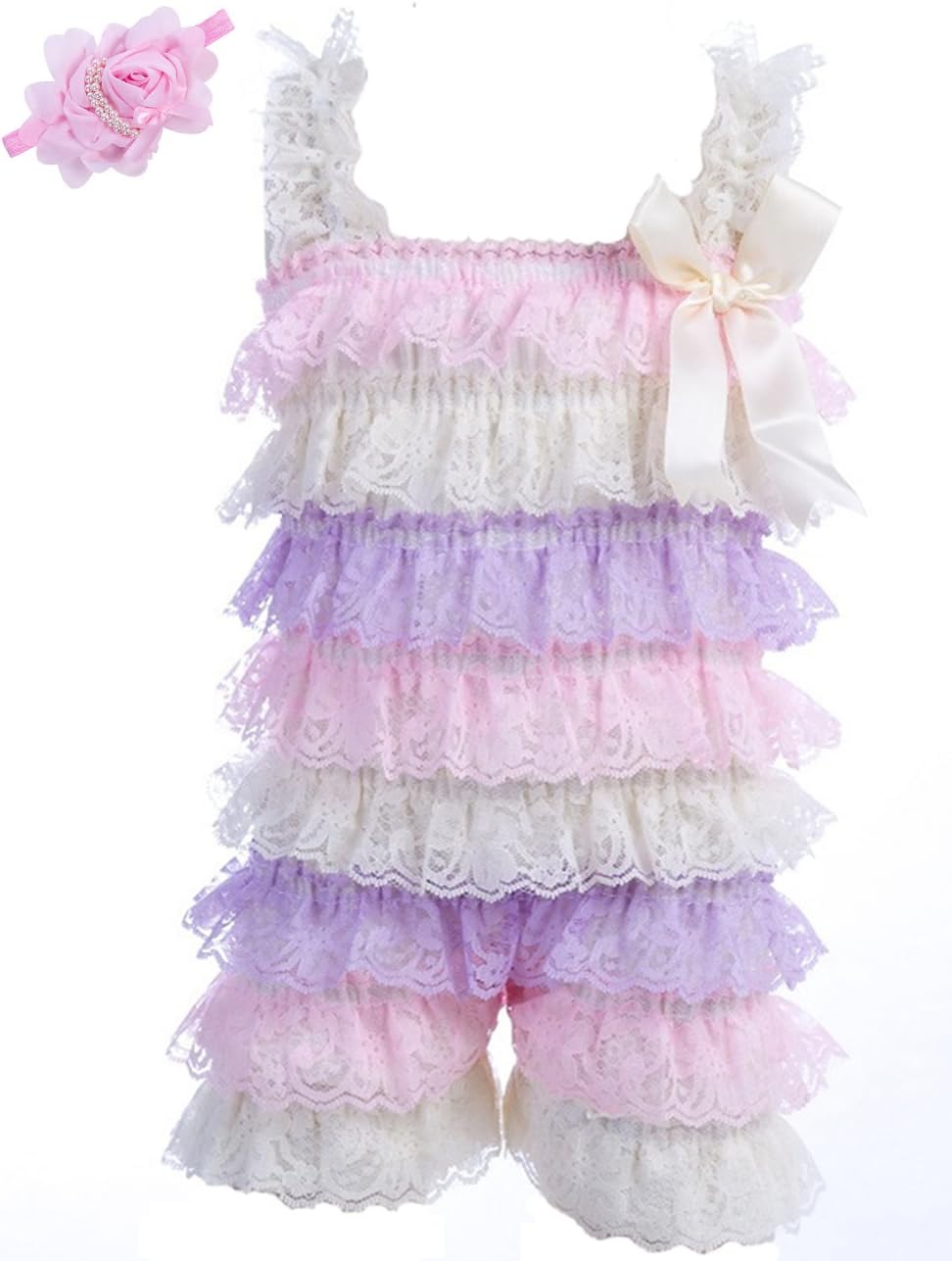Baby Girls Bowknot Lace Folds Romper and Headband Infant Clothes