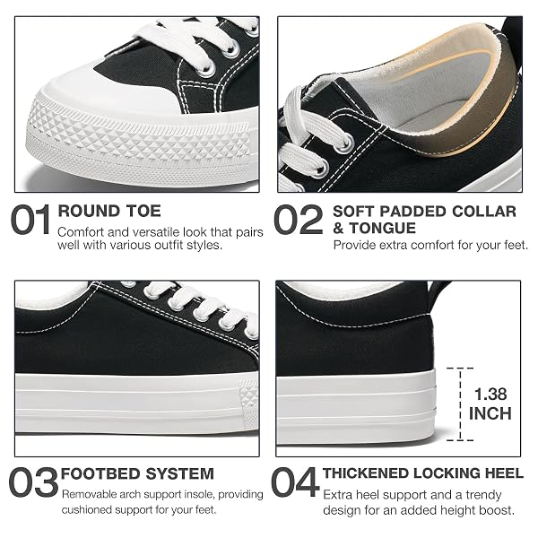 HEEZ WOMENS PLATFORM FASHION CANVAS SNEAKERS LOW TOP LACE UP TENNIS SHOES BREATHABLE LIGHTWEIGHT NON SLIP SHOES CASUAL RUNNING WALKING SHOES BLACK AND WHITE, 7