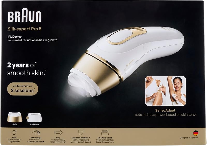 Braun IPL smart silk·expert Pro 5, depilação a laser para casa, depilação duradoura, com saqueta, 2 bicos, PL5210