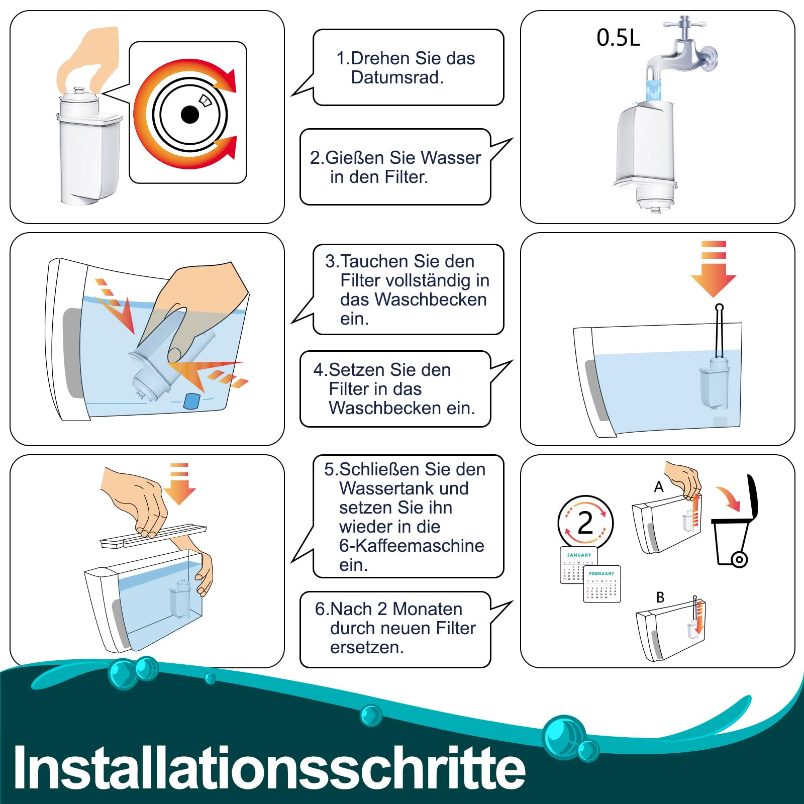 ARETHONE Wasserfilter für Siemens EQ Series, EQ3/EQ6/EQ9, EQ500, S700, Wasserfilter Kaffeevollautomat für Bosch Vero, TZ70003/TCZ7003/467873, Siemens 3200, Neff C77V60 Series (6 Stück (1er Pack)) 6