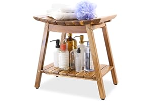 ENKEZI Acacia Shower Stool Bench for Inside Shower to sit on, 18 Inches Shower Chair with Shelf for Shaving Legs, Spa, Bath Seat, Waterproof Inside Shower Bench for Adults Seniors Elderly (18 in with Shelf)