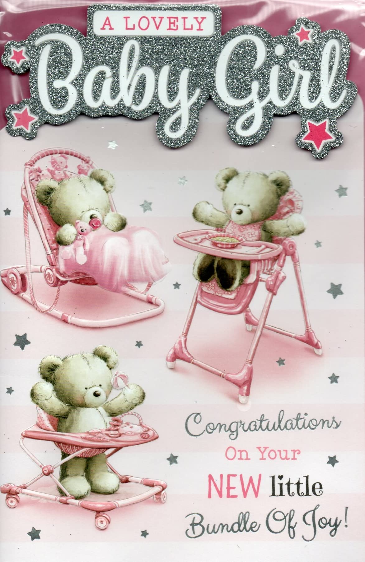 Congratulations On The Birth of Your Daughter Baby Girl New Baby Born Card White/Pink/Silver Teddy/Pram/Balloons Ribbon/Foil Detail(PRELUDE45548)