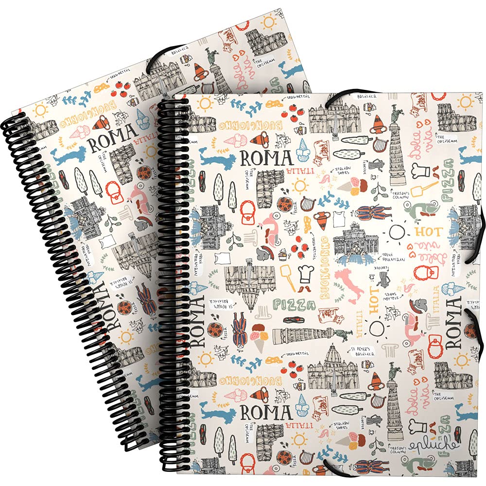 Grafoplás 39822426. A4 Pocket Folder with Spiral, Pluche Collection, Rome, Rigid Polypropylene, Elastic Closure, 30 Transparent Pockets, Includes Envelope with Textile Closure