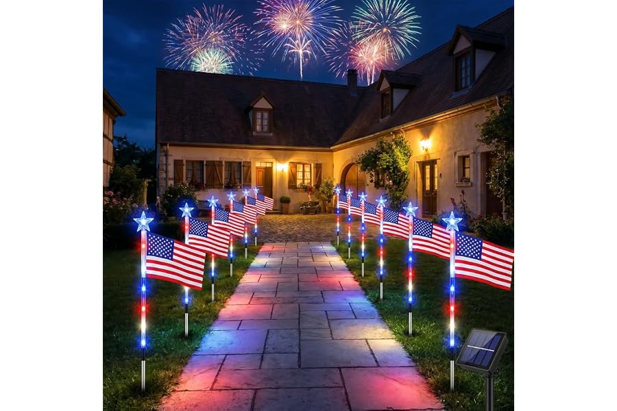 8 Pack Solar American Flag Pathway Lights-4th of July Outdoor Decor American Flag Lights, Patriotic Pathway Lights for 250th Anniversary Celebration Independence Yard Garden Day Decor (8 PCS)