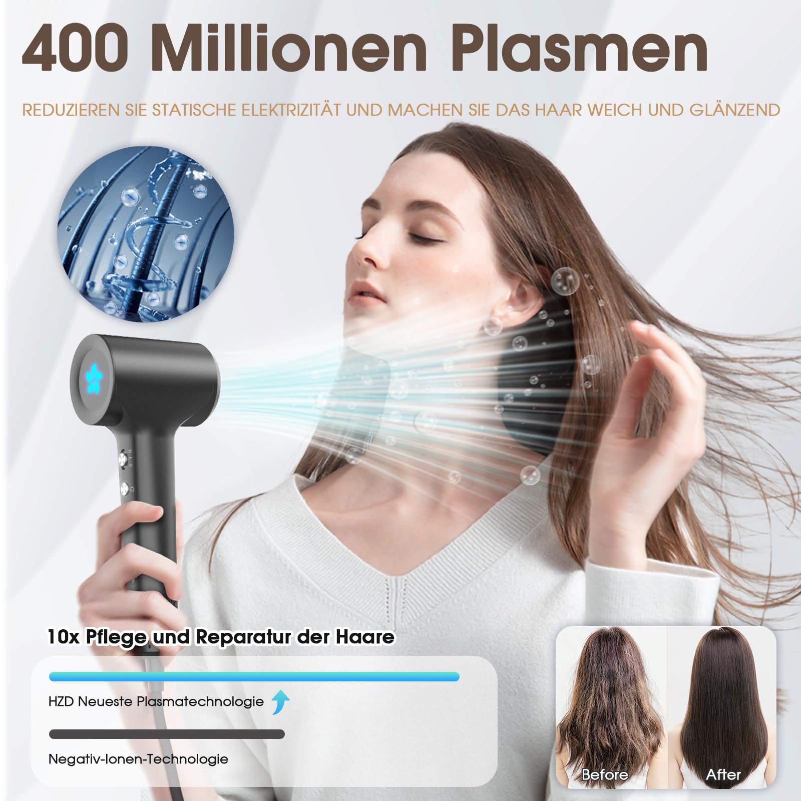 Haartrockner, Ionen Föhn, 400 Millionen Plasma Fön, 110000 U/min Bürstenloser Motor Schnelles Trocknen Haarföhn, 57dB Geräuscharm Hair Dryer, Intelligentes Thermostat Haarfön für Reise, Zuhause 3