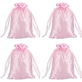 MECCANIXITY Satin Bags with Drawstring, 4x6 Inch Wedding Favor Bag Mini Gift Packaging Bag for Birthday Christmas Jewelry Party (Pink, Pack of 4)