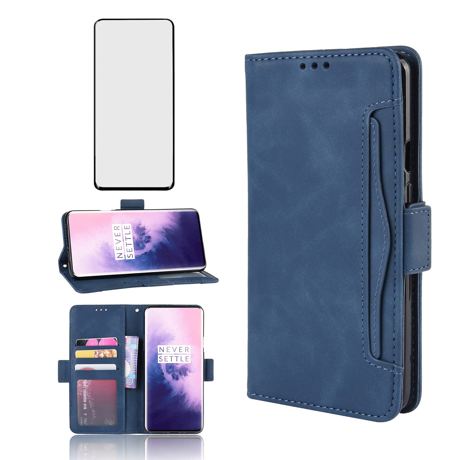 Phone Case for OnePlus 7 Pro Wallet Purse Leather Flip With Tempered Glass Screen Protector Card Holder Slot Stand Kickstand OnePlus7Pro 5G One Plus 1+7 1Plus OnePlus7 7Pro One+ 1 + Seven Blue