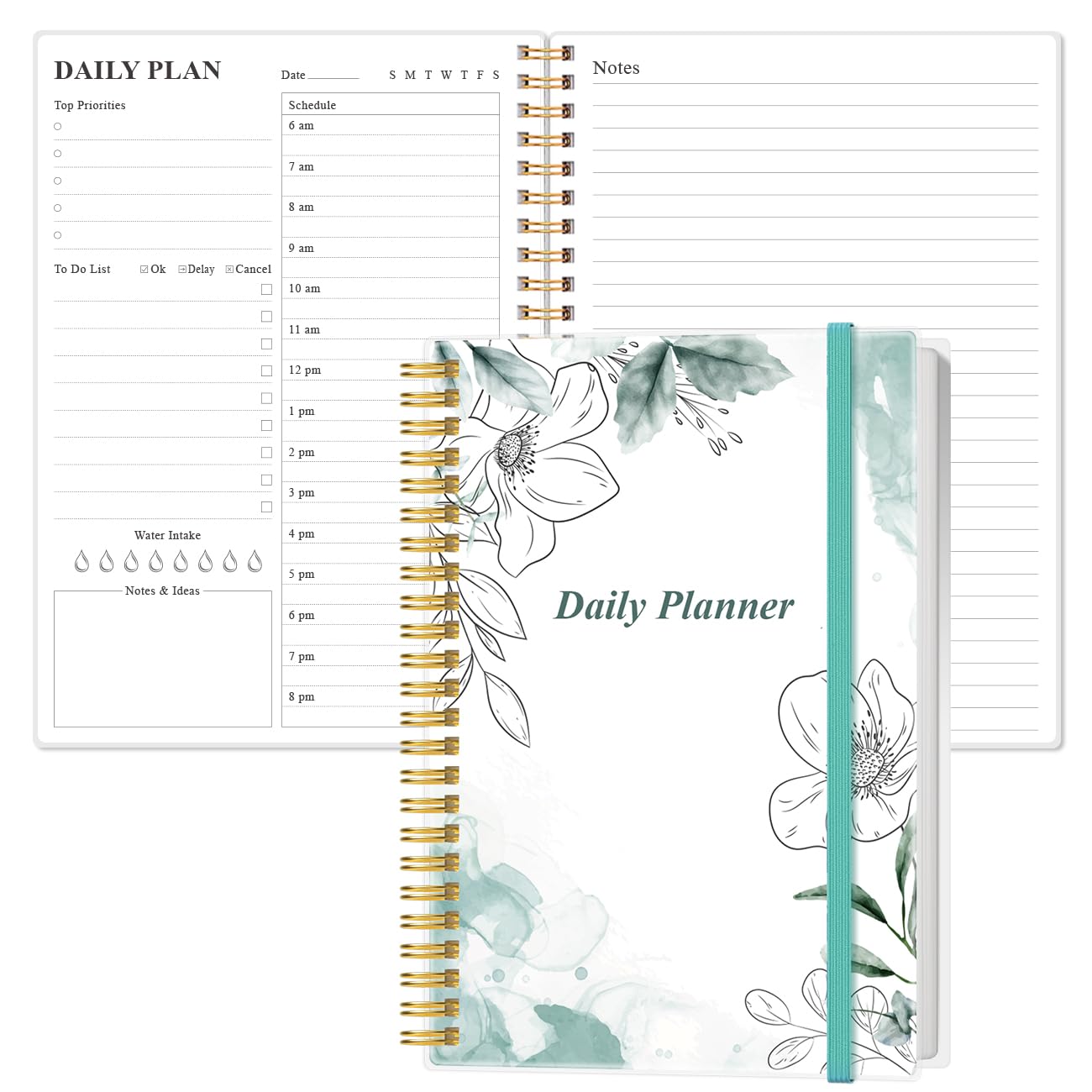 Daily Planner Undated - A5 To Do List Notebook Hourly Schedules, Spiral Appointment Planner for Women and Men, PVC Hardcover, Inner Pocket, Elastic Closure, 5.8" x 8.5", Teal Flowers