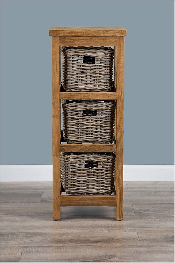 Unidad de almacenamiento de teca recuperada con 3 cestas de mimbre